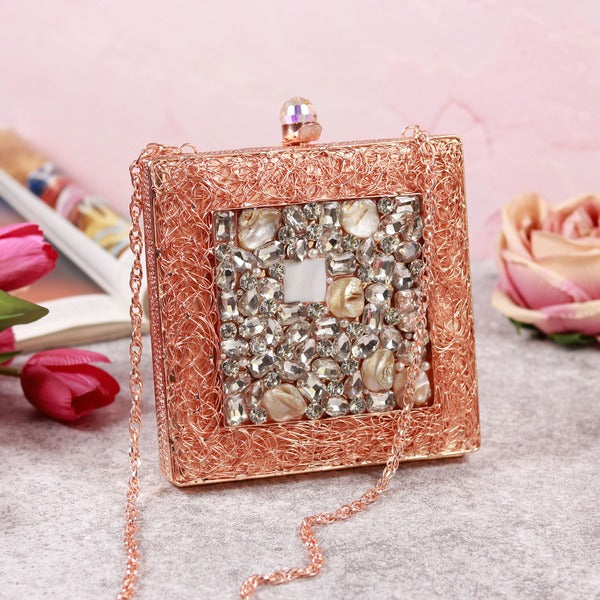 Aafreen Embellished Brass Clutch | High-End Fashion Mother of Pearls Bag