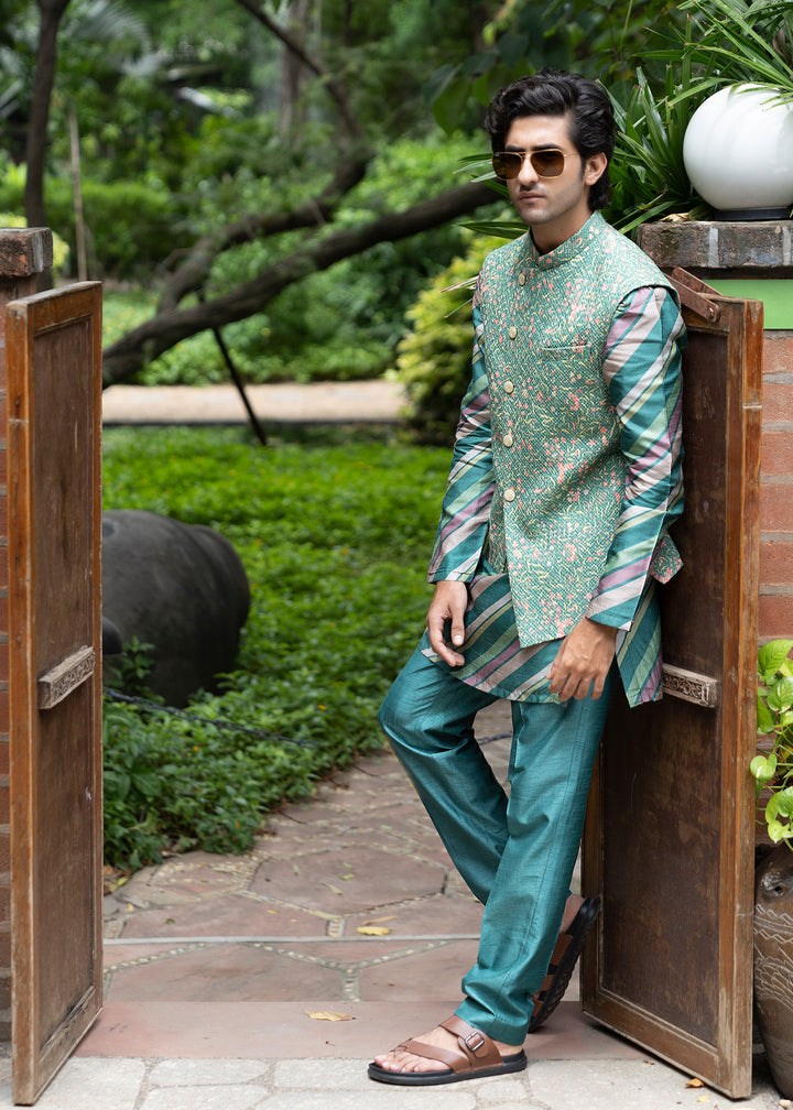 Elevate your style with this Forest Green Asymmetrical Koti Kurta Set, designed for modern celebrations in the USA.