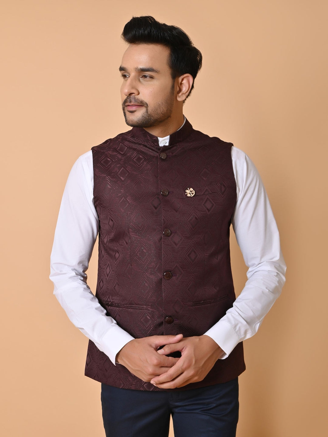 Geometric Wine Bandhgala Jacket | Festive Self Design Cotton Satin