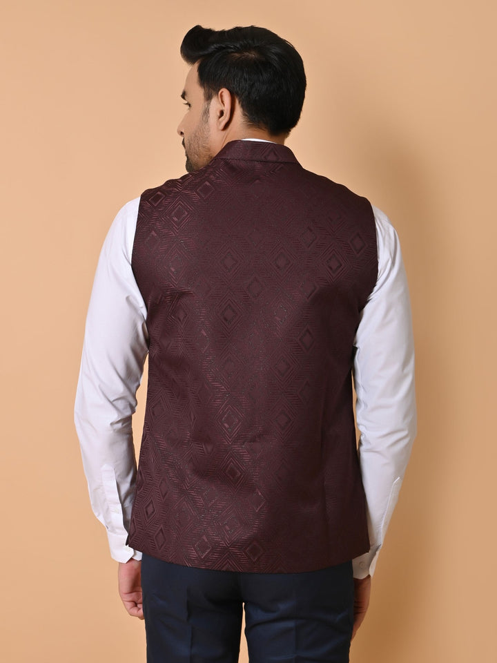 Geometric Wine Bandhgala Jacket | Festive Self Design Cotton Satin