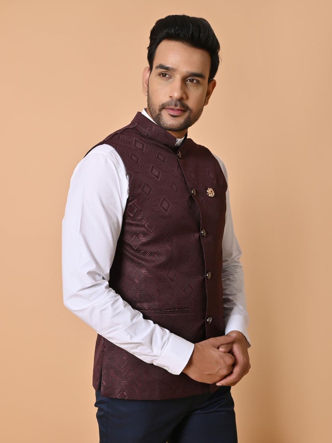 Geometric Wine Bandhgala Jacket | Festive Self Design Cotton Satin