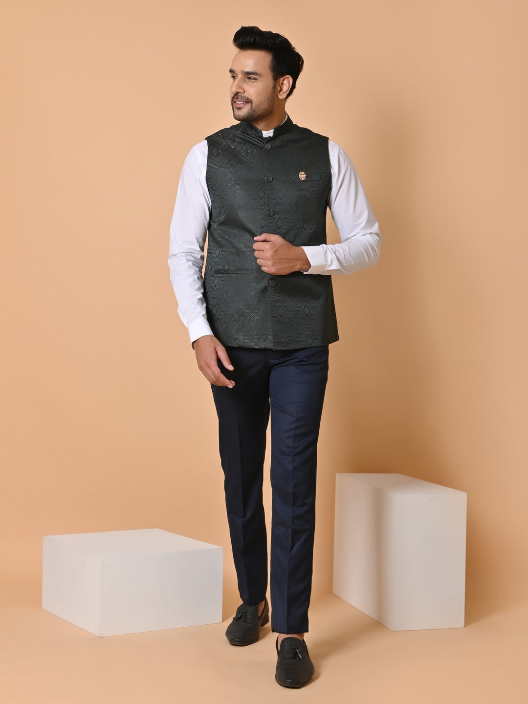 Geometric Nehru Jacket | Festive Cotton Satin Bandhgala for Men