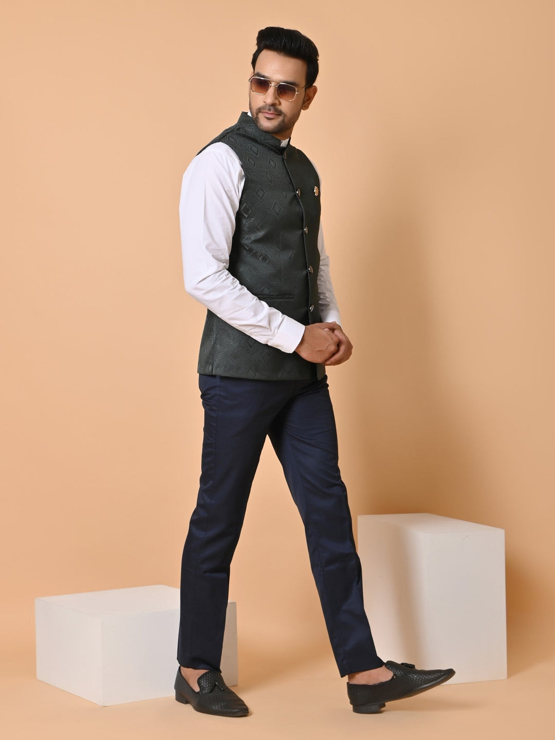 Geometric Nehru Jacket | Festive Cotton Satin Bandhgala for Men