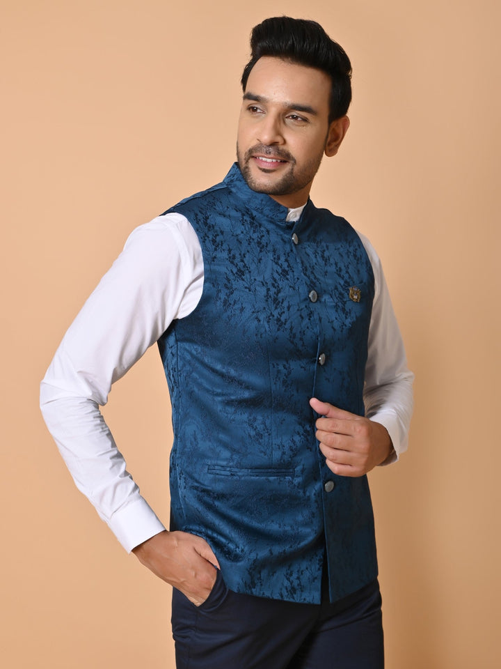 Textured Blue Bandhgala Jacket | Festive Cotton Blend Nehru Style