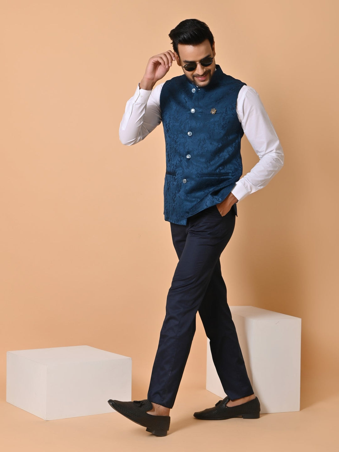 Textured Blue Bandhgala Jacket | Festive Cotton Blend Nehru Style