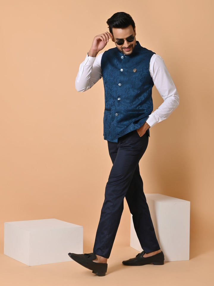 Textured Blue Bandhgala Jacket | Festive Cotton Blend Nehru Style