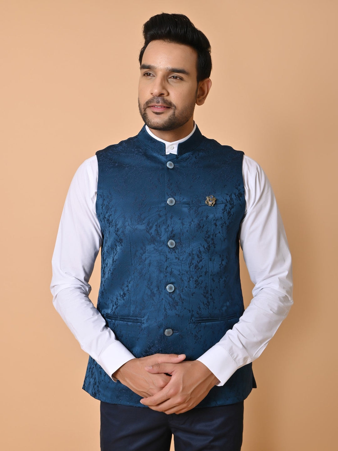 Textured Blue Bandhgala Jacket | Festive Cotton Blend Nehru Style