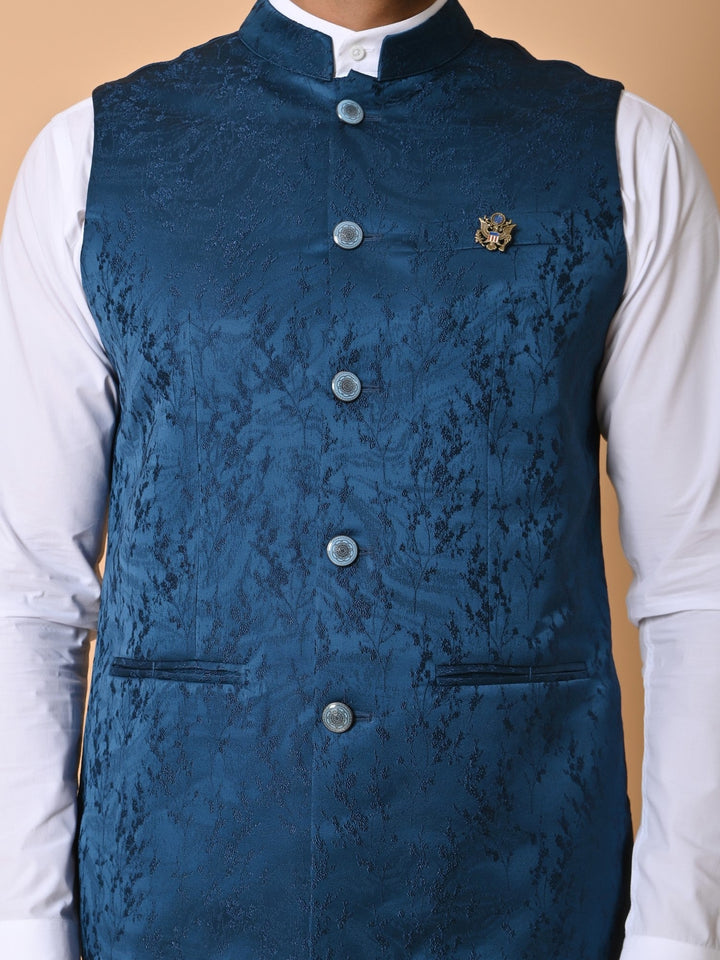 Textured Blue Bandhgala Jacket | Festive Cotton Blend Nehru Style