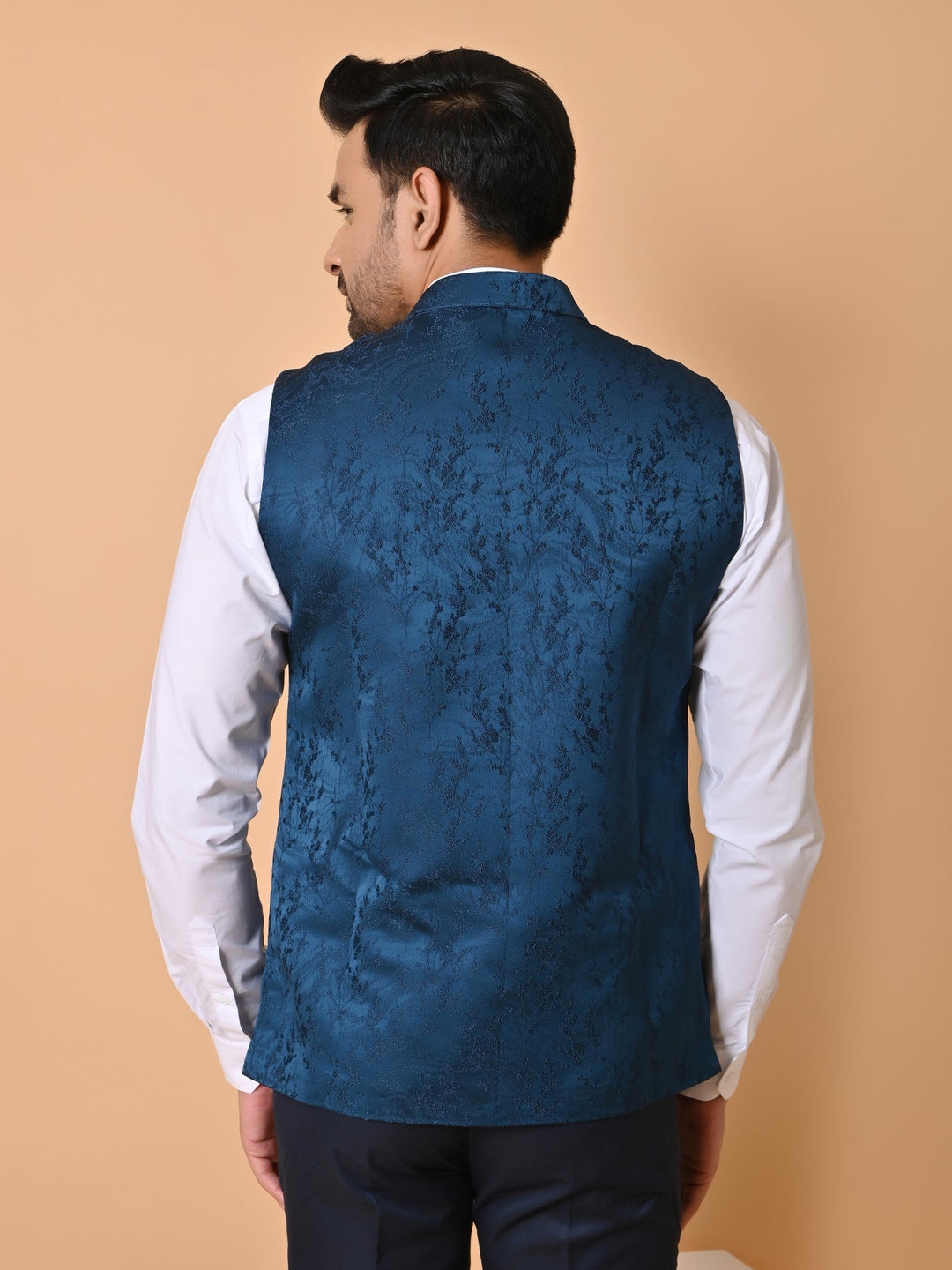 Textured Blue Bandhgala Jacket | Festive Cotton Blend Nehru Style