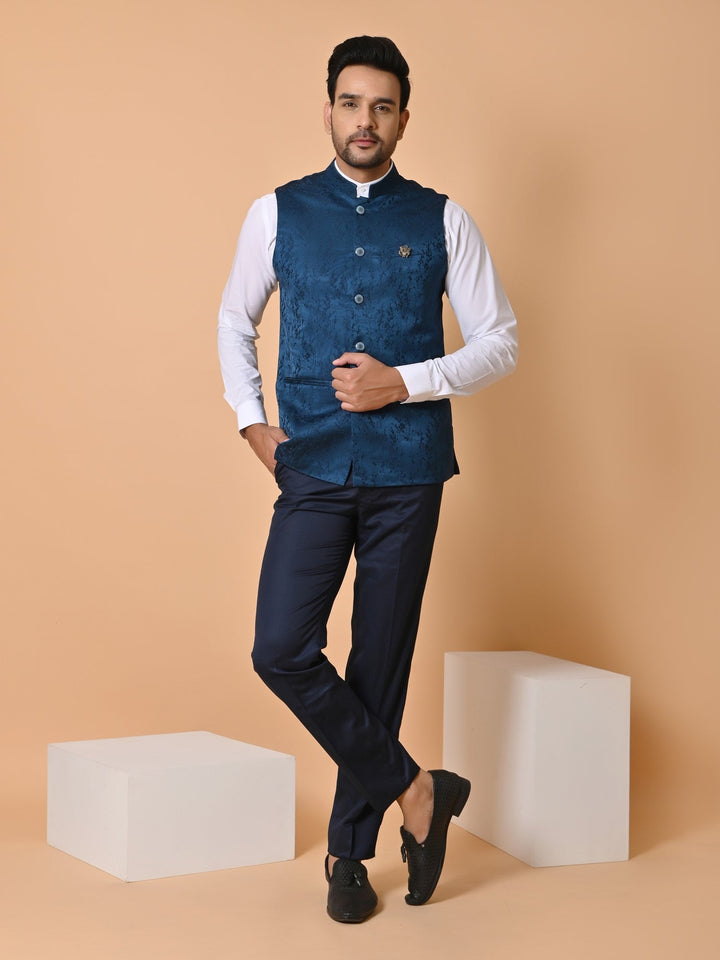 Textured Blue Bandhgala Jacket | Festive Cotton Blend Nehru Style