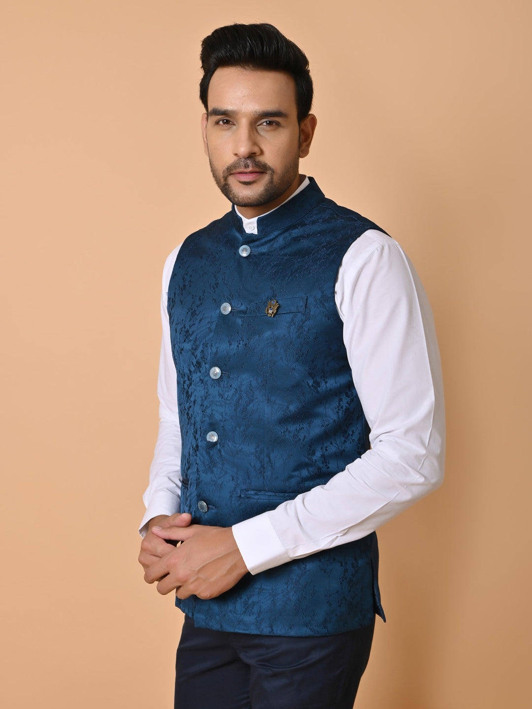 Textured Blue Bandhgala Jacket | Festive Cotton Blend Nehru Style