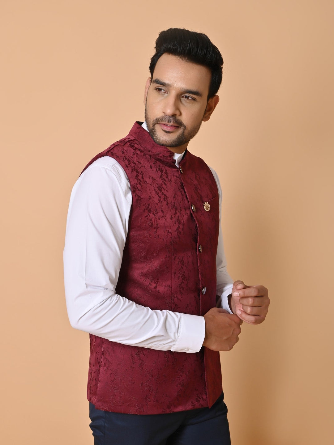 Textured Maroon Bandhgala Jacket | Self Design Cotton Blend Festive Wear