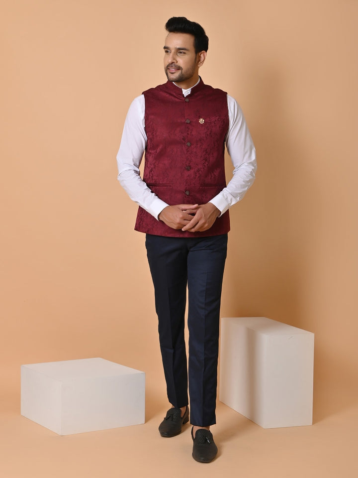 Textured Maroon Bandhgala Jacket | Self Design Cotton Blend Festive Wear