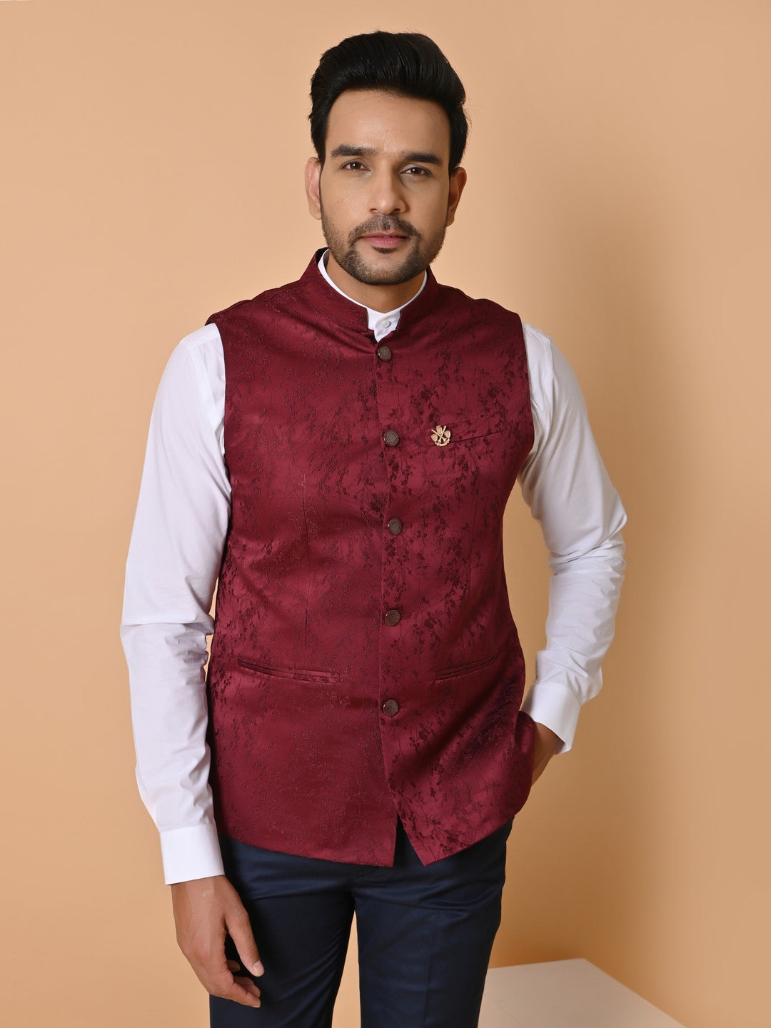 Textured Maroon Bandhgala Jacket | Self Design Cotton Blend Festive Wear