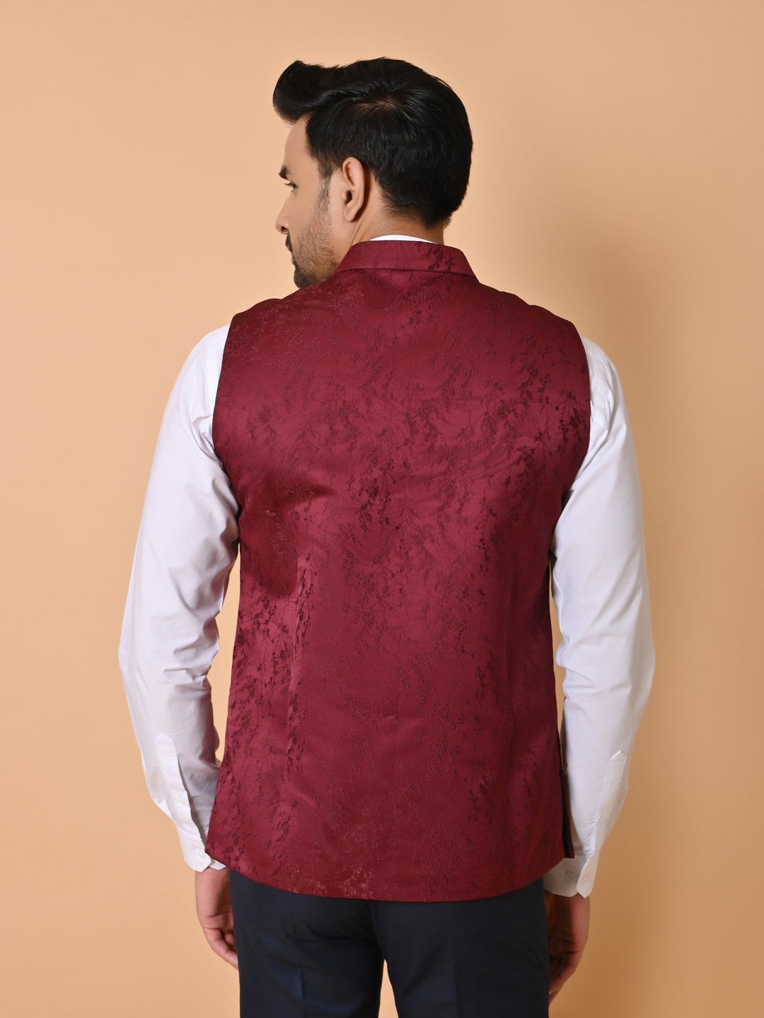 Textured Maroon Bandhgala Jacket | Self Design Cotton Blend Festive Wear