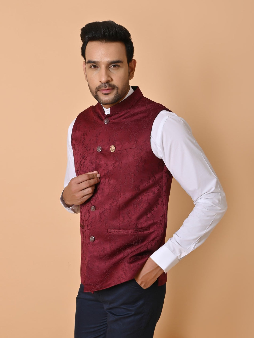 Textured Maroon Bandhgala Jacket | Self Design Cotton Blend Festive Wear