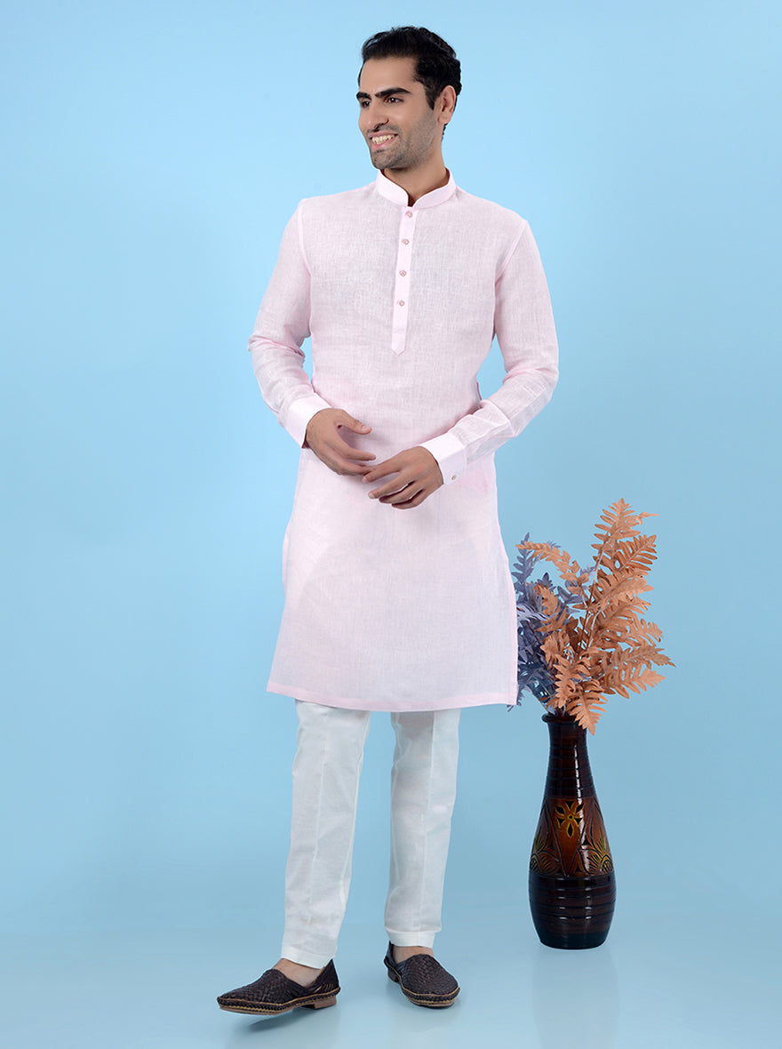 Pink linen kurta pajama for USA men’s family events, modern and stylish.