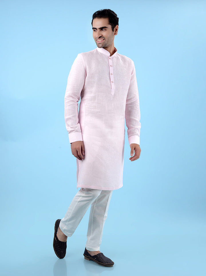 Stylish pink linen kurta for USA men, perfect for family events and occasions.