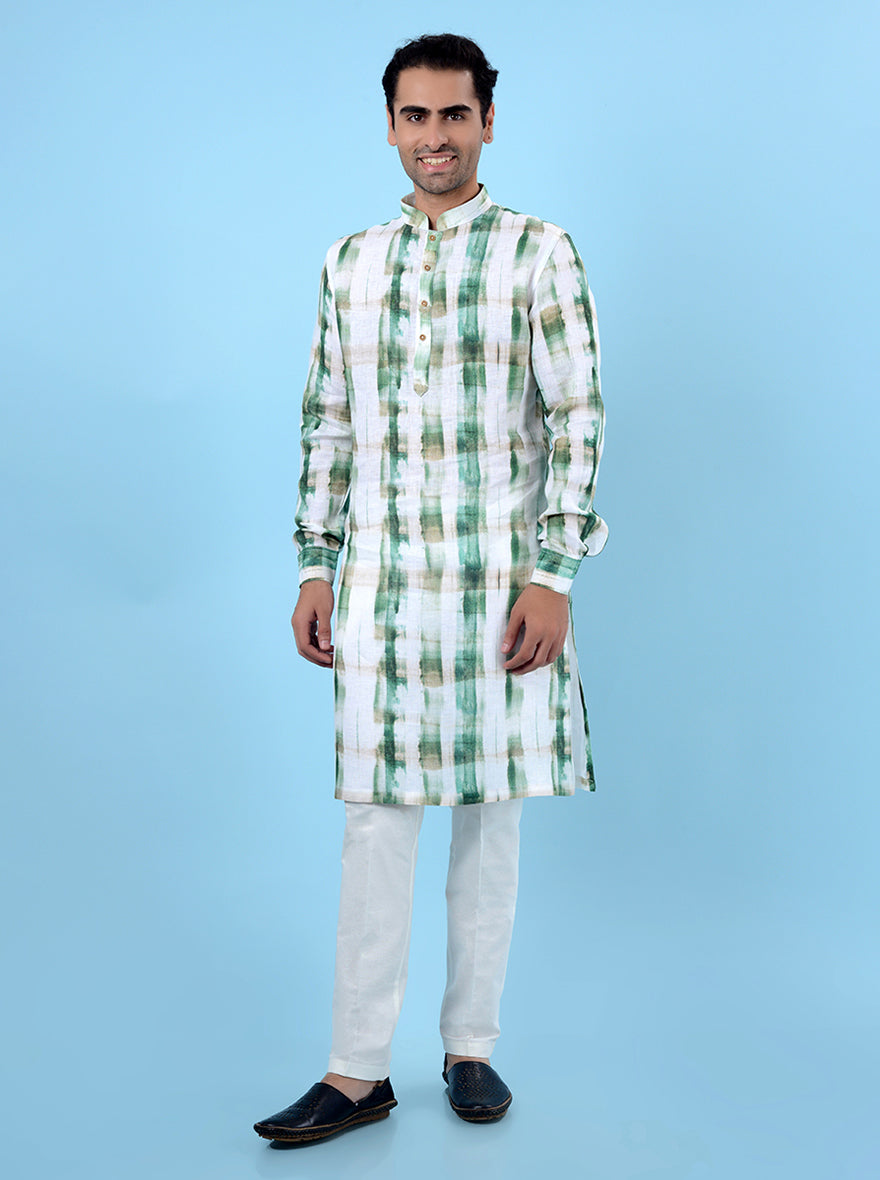 Men's green and beige kurta pajama set, perfect for casual ethnic wear with a comfortable fit.