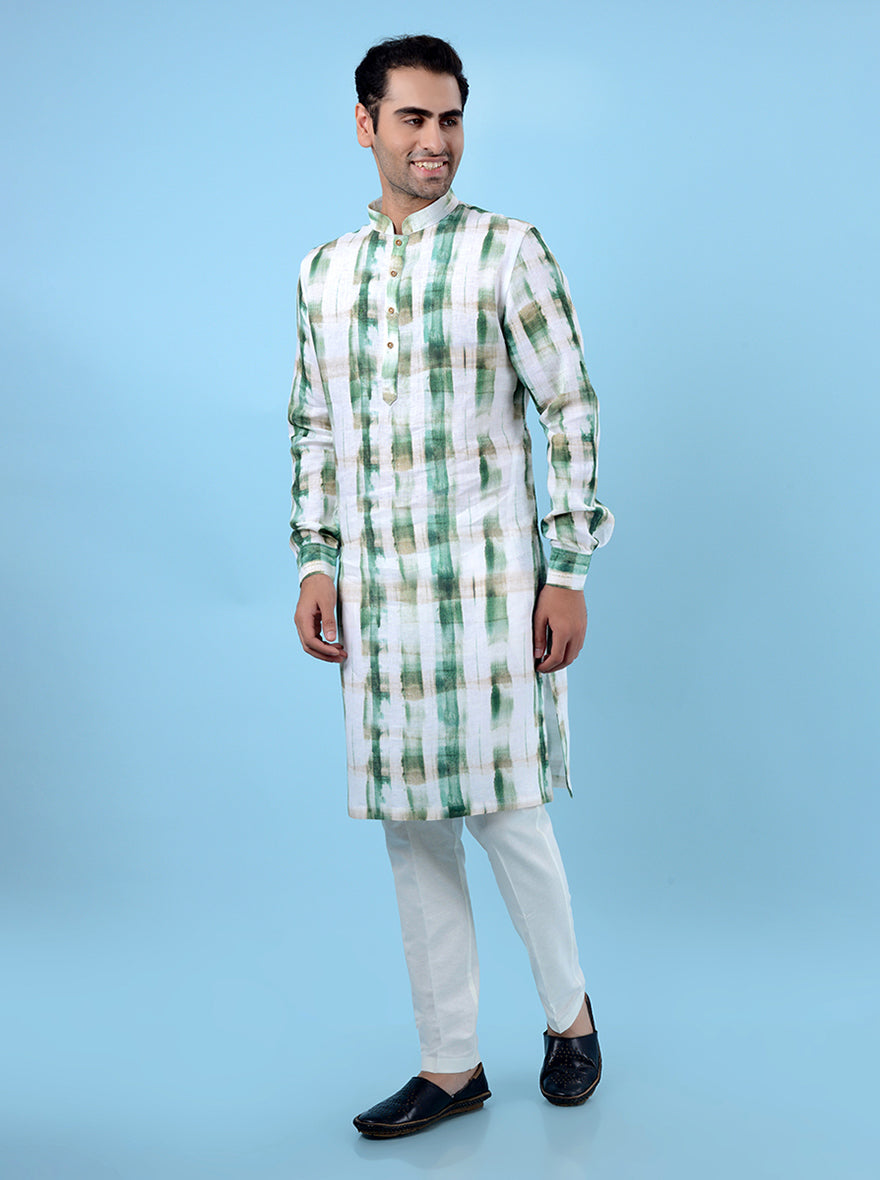 Men's green and beige kurta pajama, designed for a comfortable and stylish casual ethnic look.