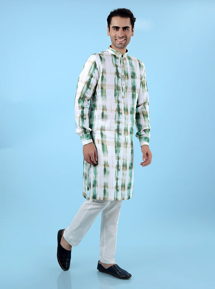 Green and beige kurta pajama set for men, offering a blend of comfort and style for casual wear.