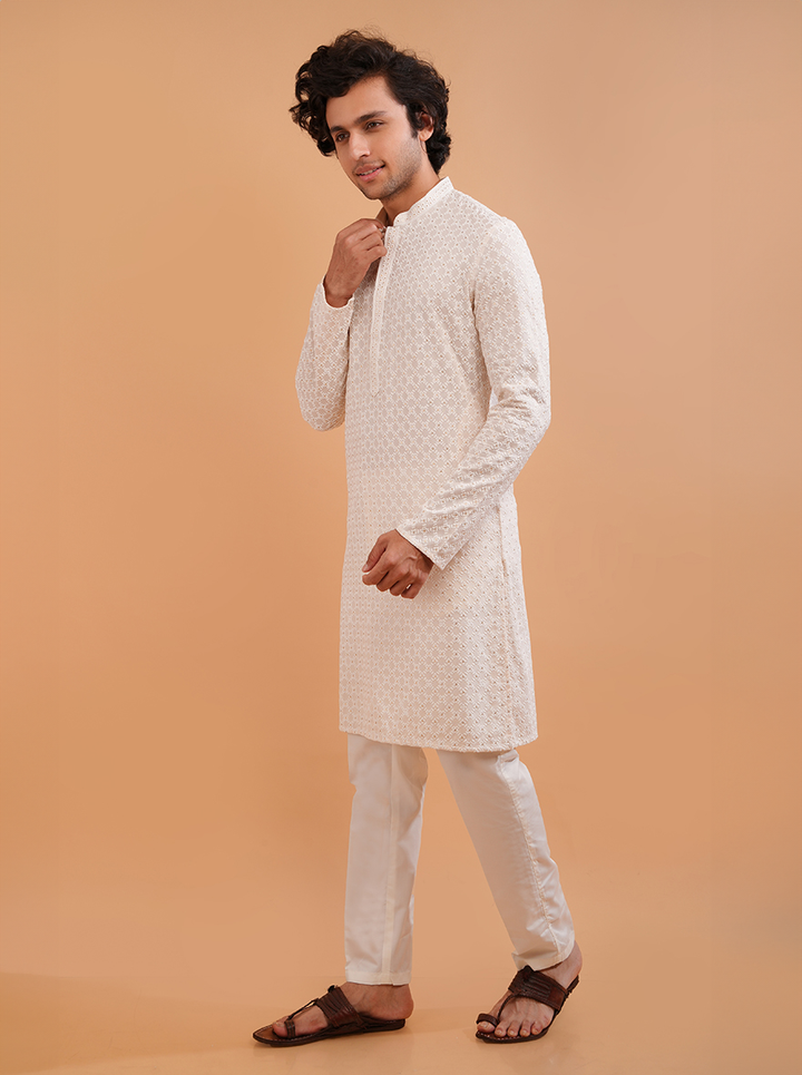 Premium cream silk blend kurta pajama set for men, ideal for traditional events and parties.