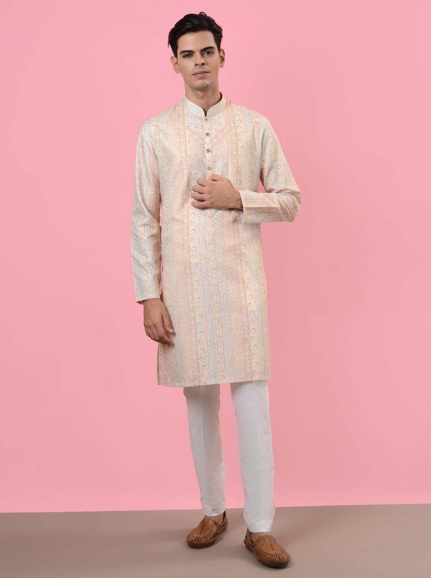 Stylish cream kurta pajama for men, ensuring comfort and elegance at haldi and mehndi events in the USA.