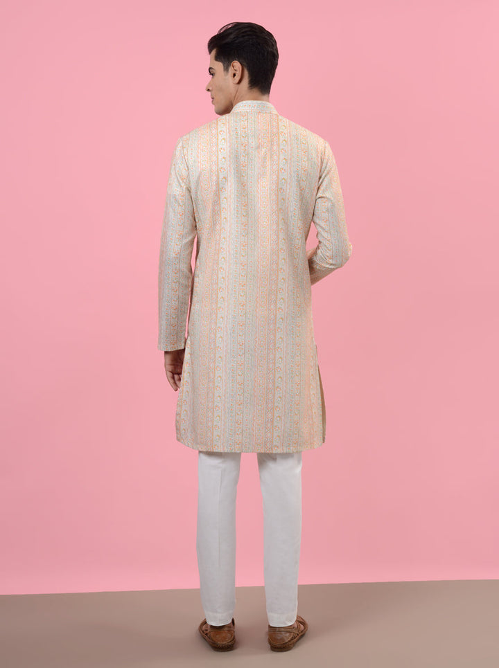 Elegant cream kurta pajama, tailored from silk blend, making it a must-have for festive occasions in the USA.