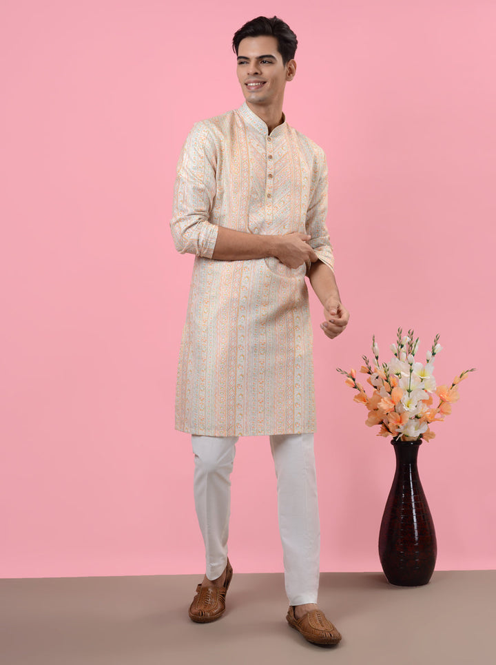 Timeless cream kurta pajama in silk blend, perfect for enhancing your style during festive celebrations across the USA.