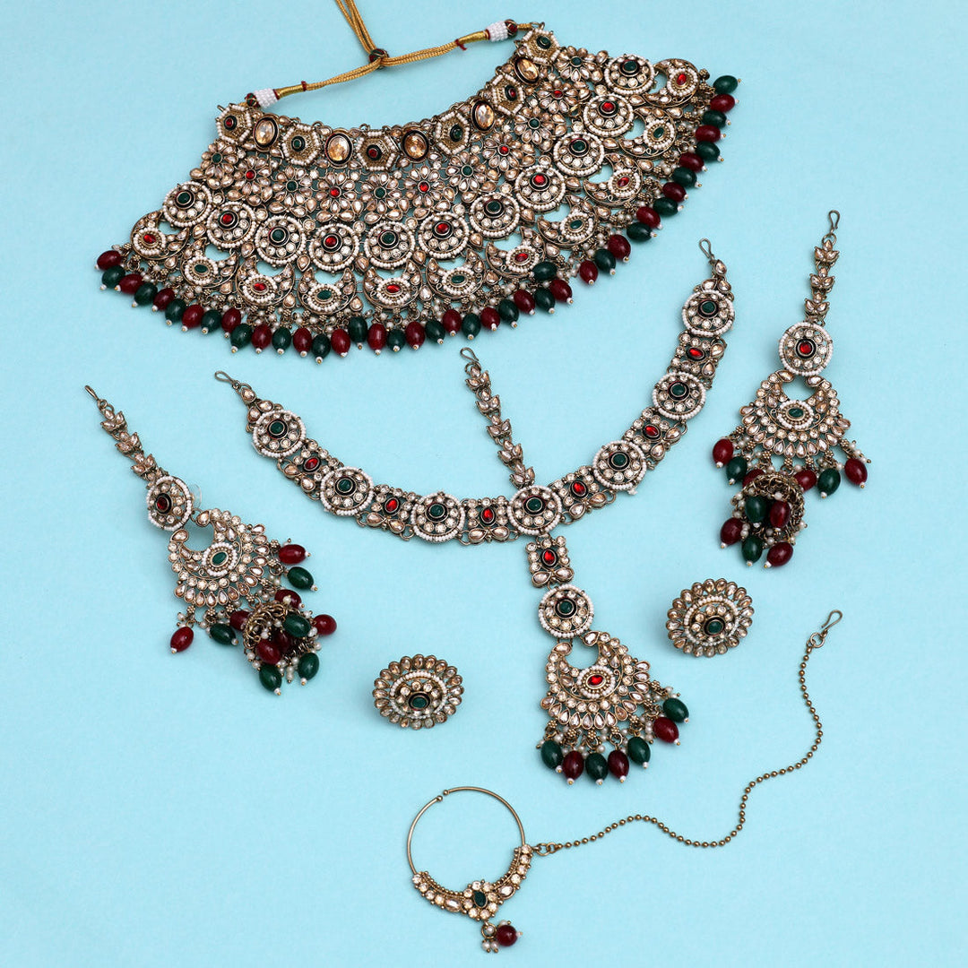 Maroon & Green Kundan Bridal Jewelry Set | Dulhan Set