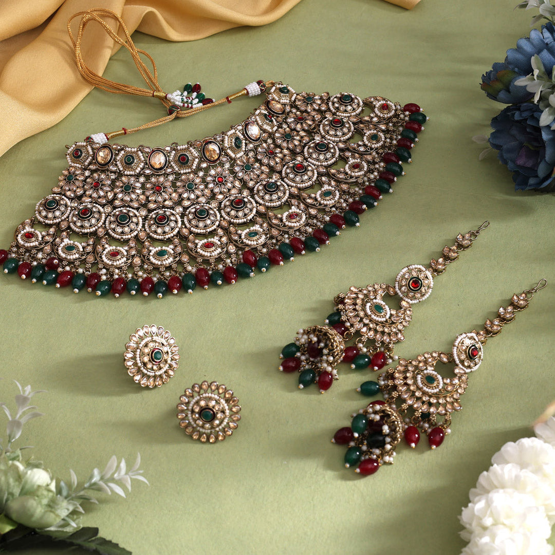 Maroon & Green Kundan Bridal Jewelry Set | Dulhan Set