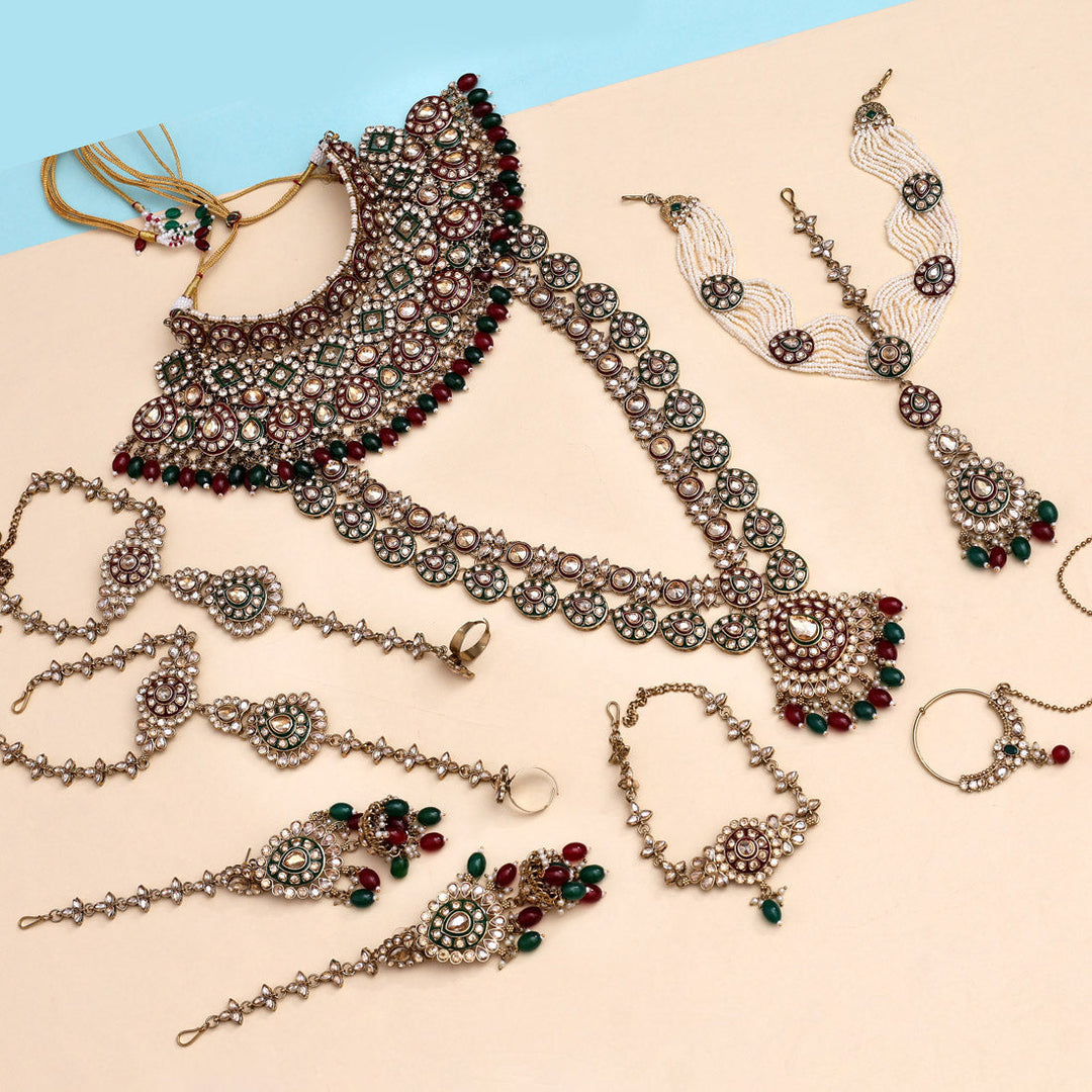 Kundan Meena Bridal Set | Maroon & Green Dulhan Jewelry