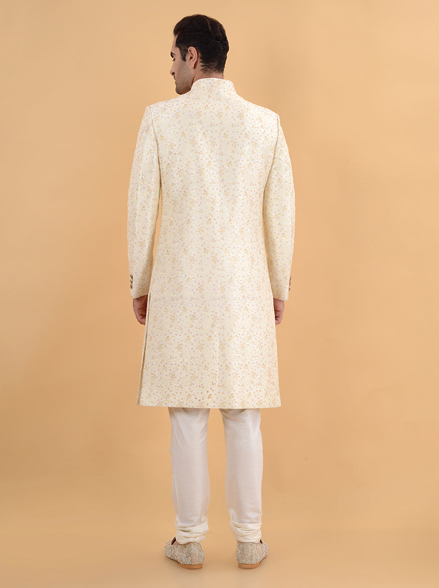 Make a statement at weddings with this Off White Silk Blend Sherwani, showcasing detailed embroidery and traditional style, ideal for modern grooms in the USA.