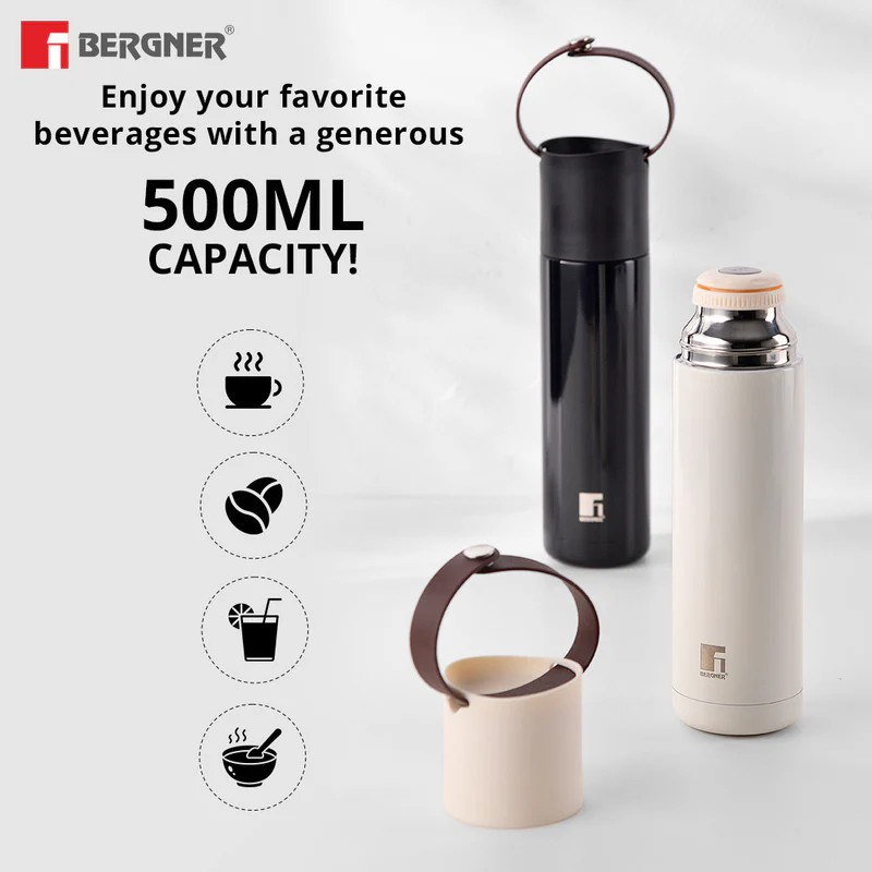 Bergner 500ml Thermosteel Flask | Curv & Carry Double-Walled Hot & Cold