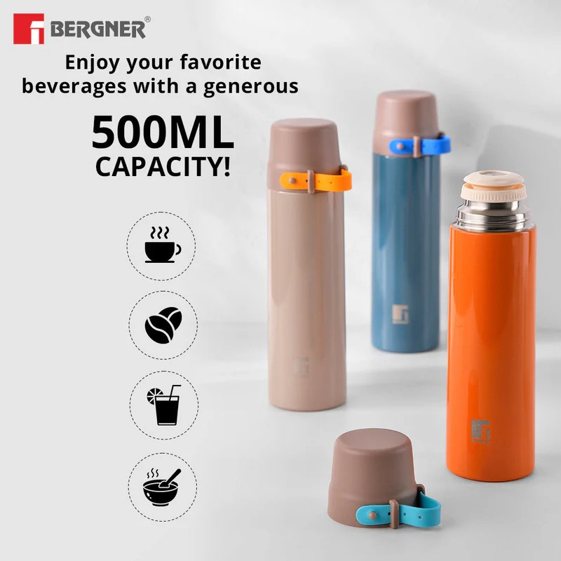 Bergner Stile 500ml Travel Bottle | Double-Walled Hot & Cold Thermosteel Flask