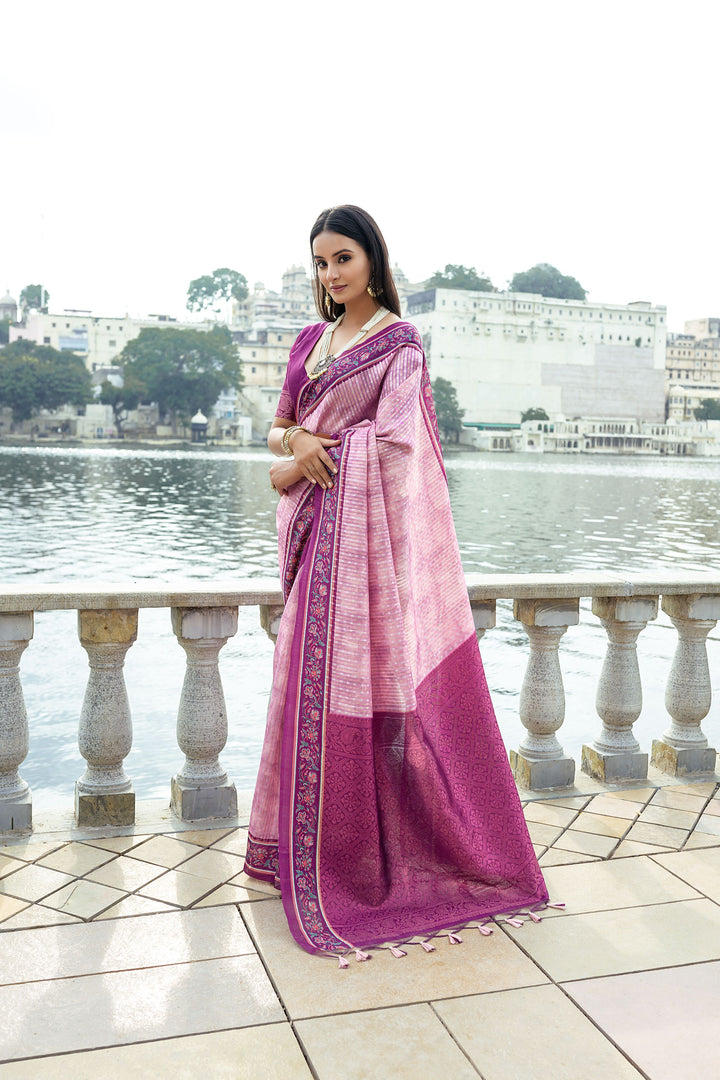 Elegant silk saree with contrast floral border and intricate zari design