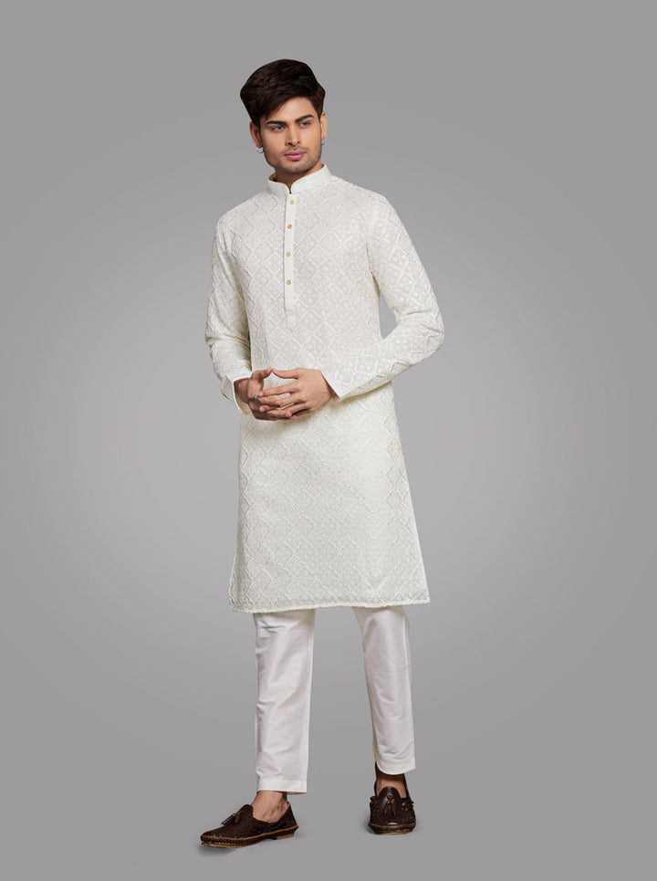 White Kurta Pajama Set for Men  Embroidered Traditional Kurta Set