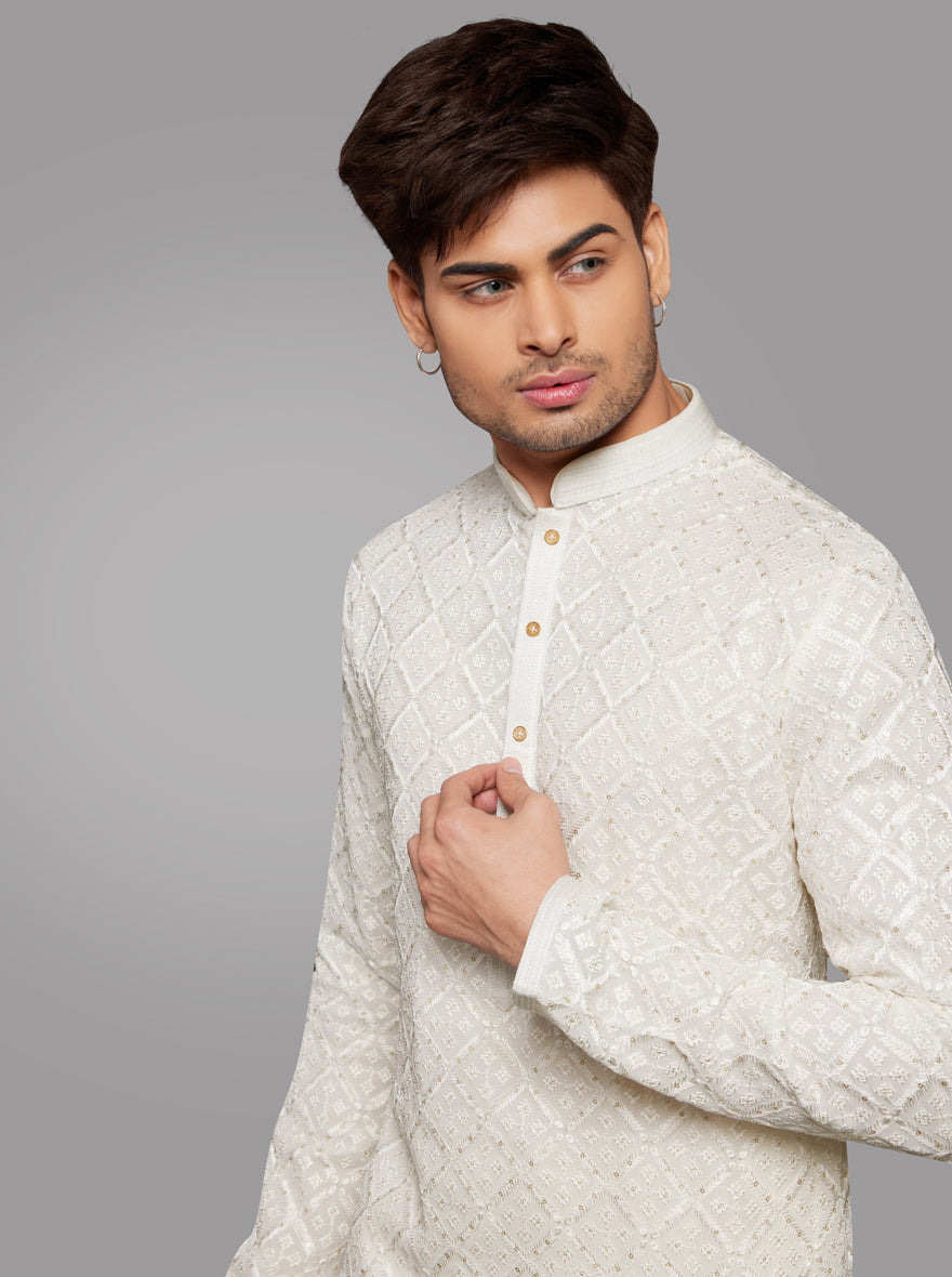 Elegant Men's White Kurta Pajama  Silk Blend Embroidered Kurta for Weddings