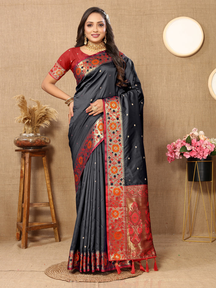 Classic black Paithani silk saree featuring Meenakari weaving and a radiant zari pallu.