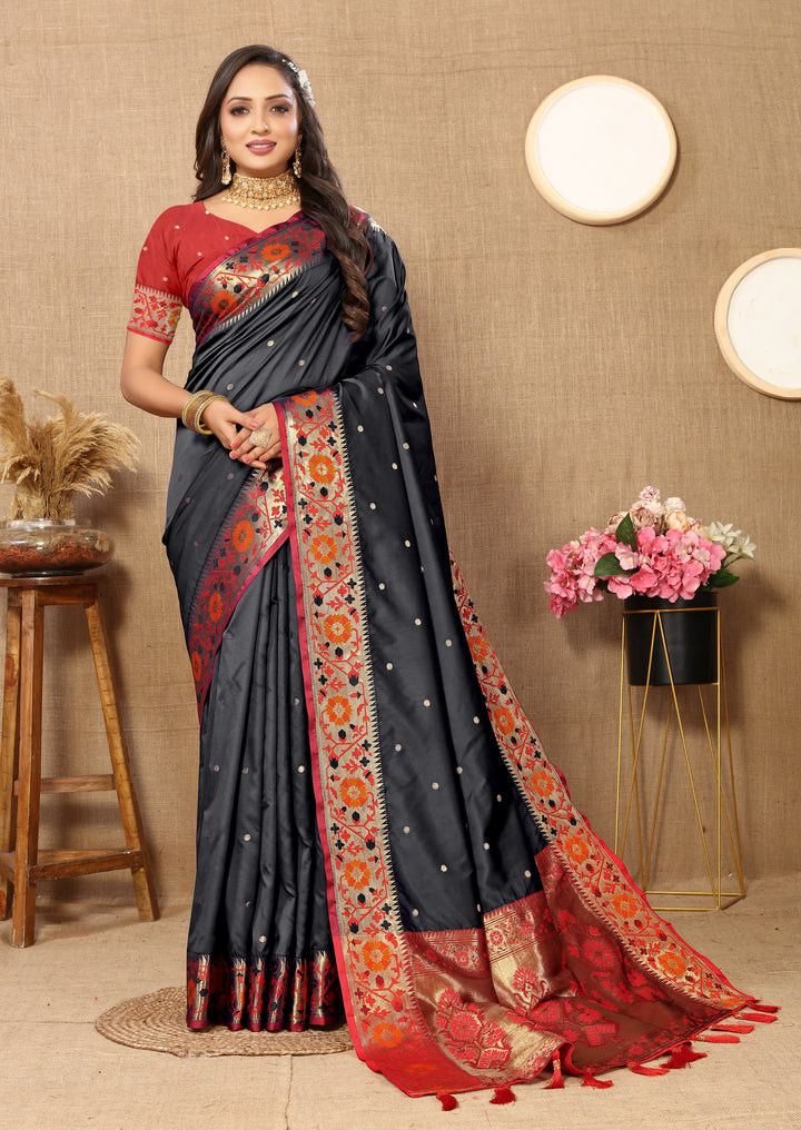 Elegant black Paithani silk saree with Meenakari detailing and a shining zari pallu.