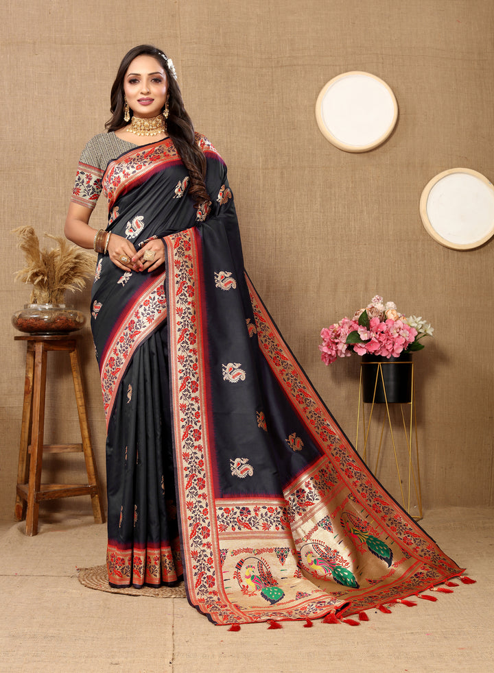 Black Paithani saree with intricate zari work and stylish tassels, ideal for weddings.