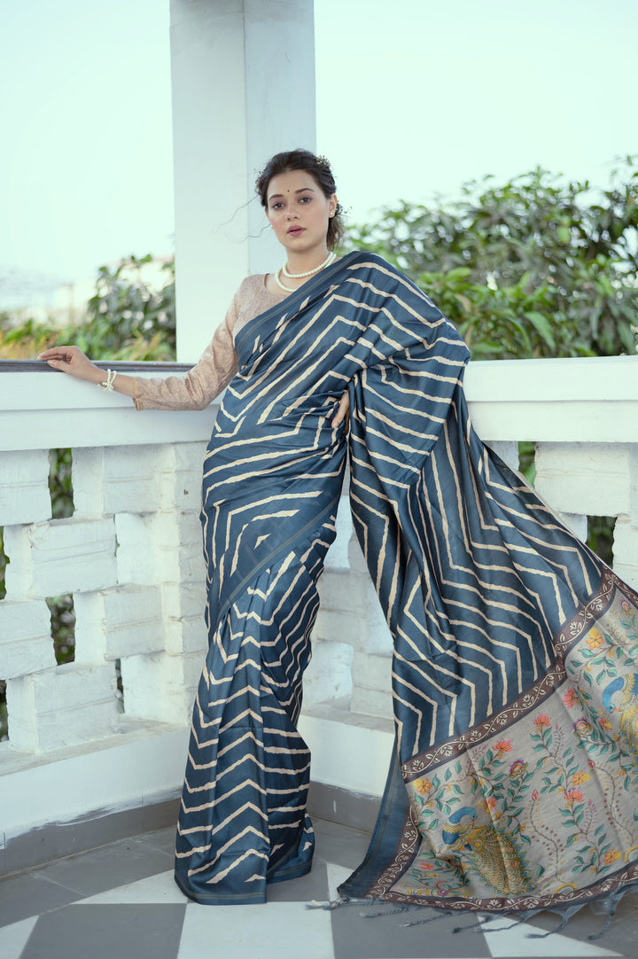 Leriya print Tussar silk saree with zari border and Kalamkari-style pallu