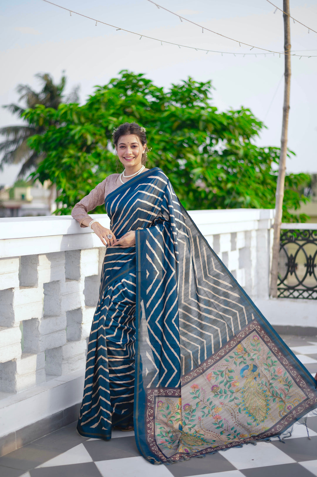 Traditional Tussar silk saree with Leriya print and Kalamkari weaving details