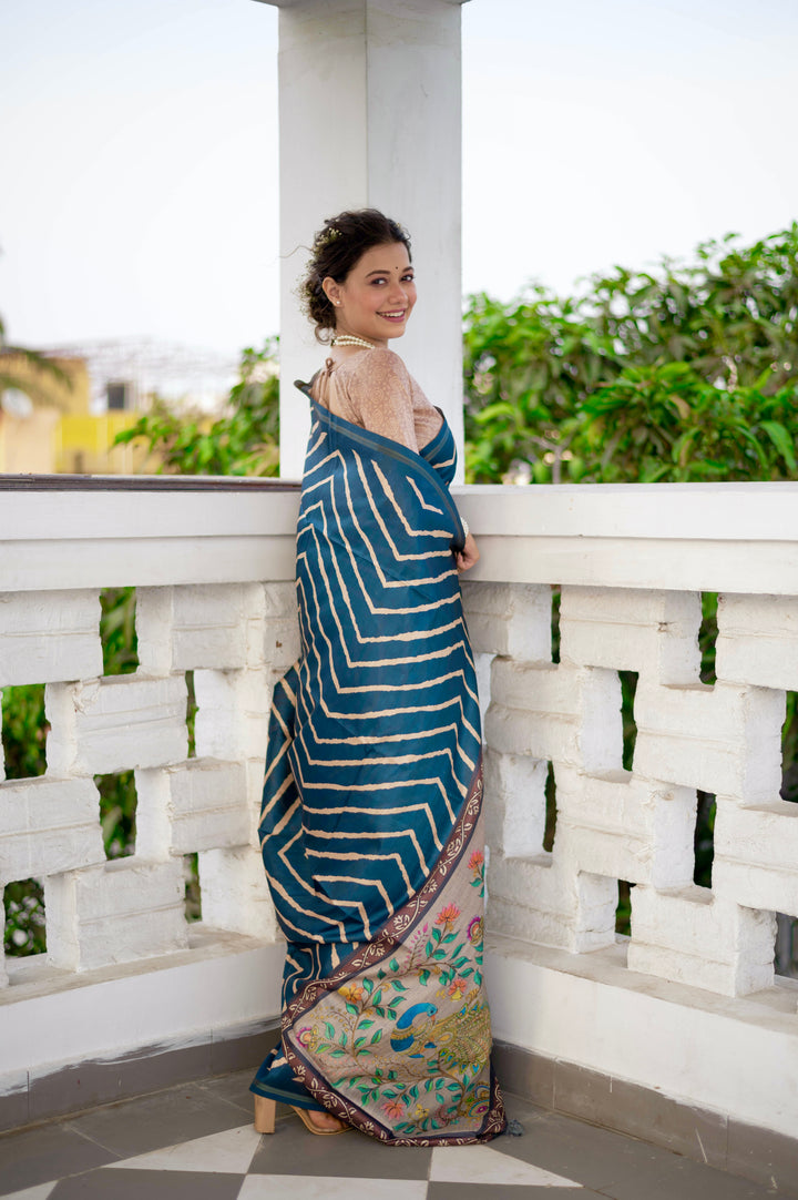 Tussar silk saree featuring Leriya print, zari border, and matching blouse piece