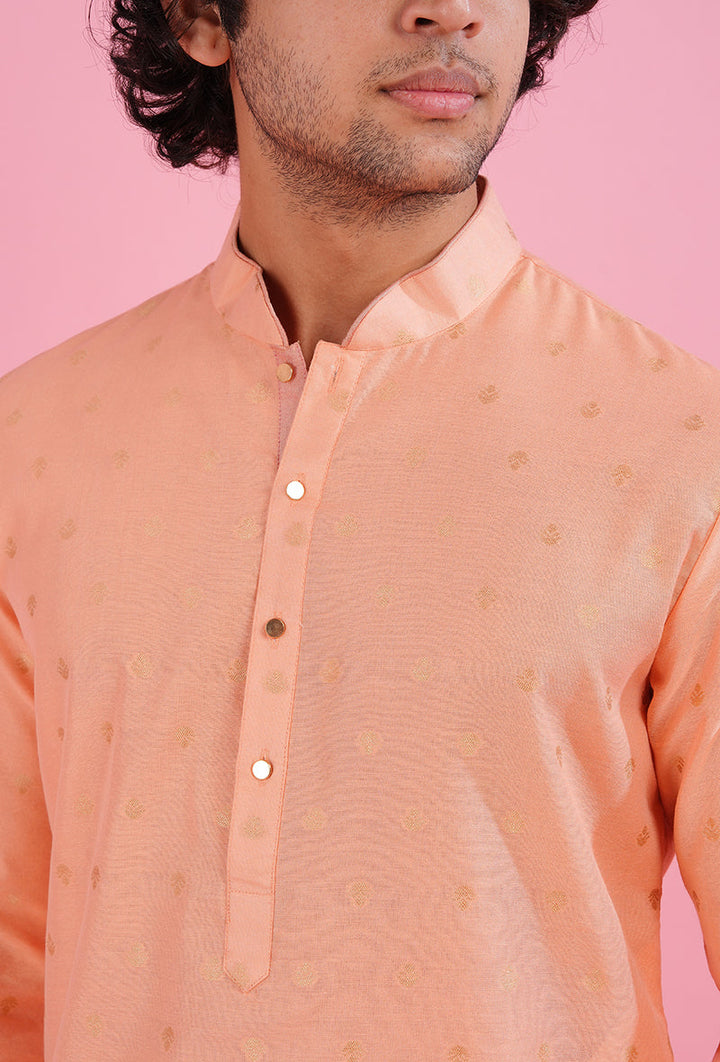 Coral peach silk jacquard kurta pajama set for men, perfect for Diwali and festive gatherings.