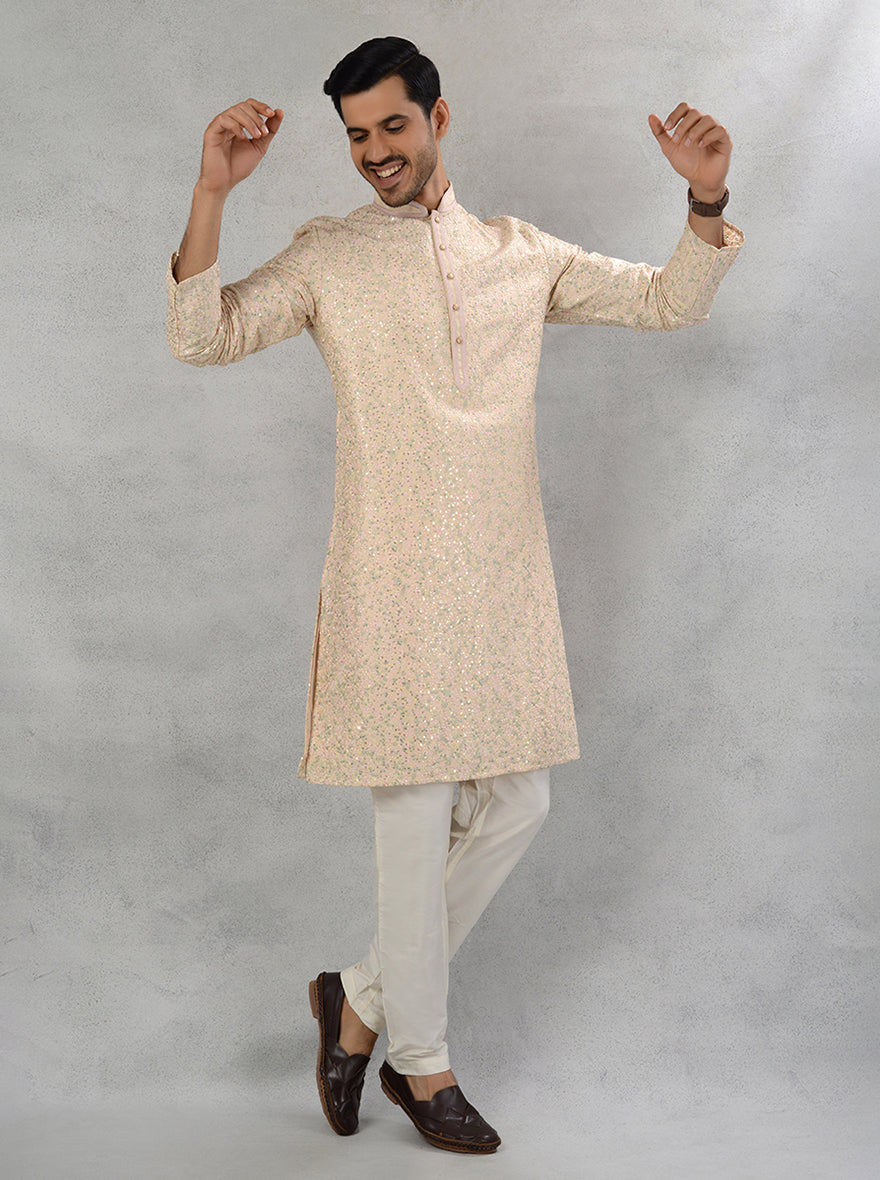 Peach silk blend kurta pajama for Mandap Muhurat with Resham work & sequins.