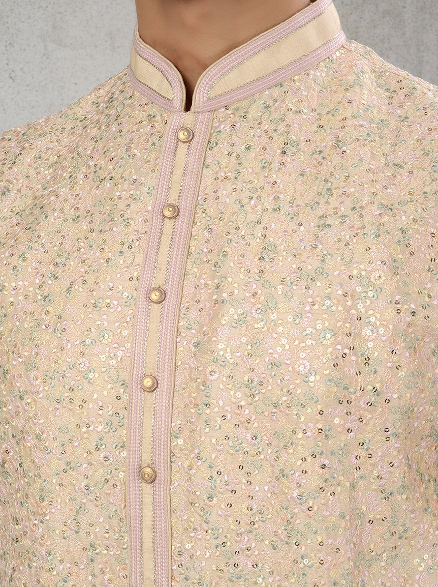 Elegant peach embroidered kurta pajama for men with straight cut and sequins.