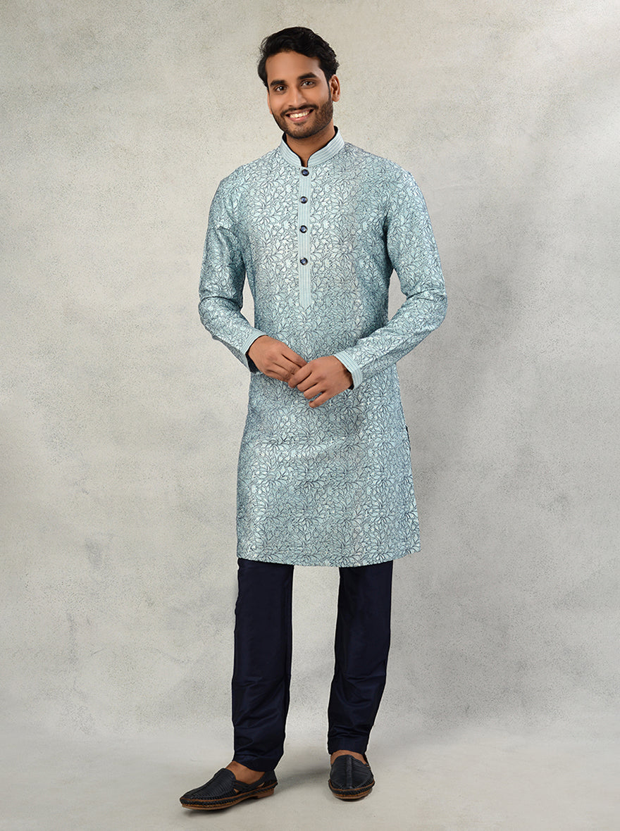 Men's dusty blue silk kurta pajama, all-over embroidered with sequins.