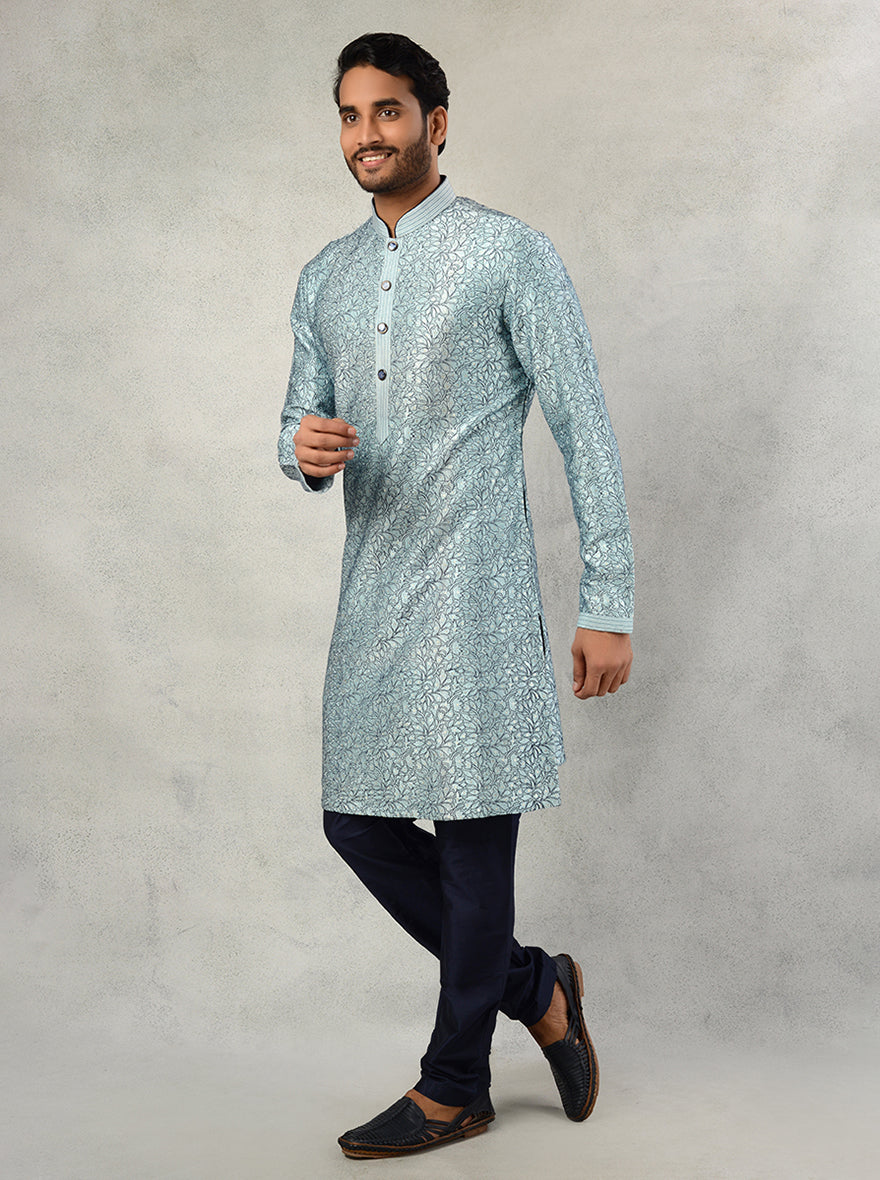 Elegant dusty blue kurta pajama for sangeet and engagement with embroidery.