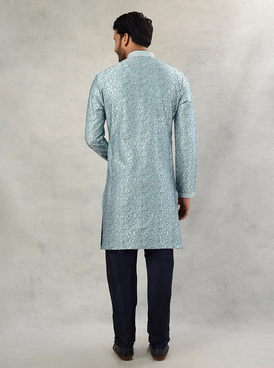 Traditional dusty blue kurta pajama with resham work and sequin details.